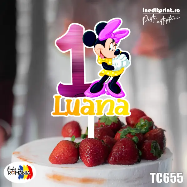 Topper Tort UV Personalizat Minnie MouseTC655 13x13cm, Plexiglass alb