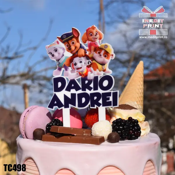 Topper Tort UV Personalizat Patrula Catelusilor TC498 15x15cm, Plexiglass alb