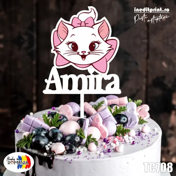 Topper Tort UV Personalizat Pisica Marie TC708 10x10cm, Plexiglass alb