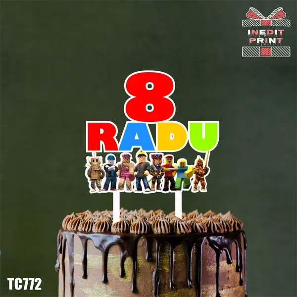 Topper Tort UV Personalizat Roblox TC772 13x13cm, Plexiglass alb