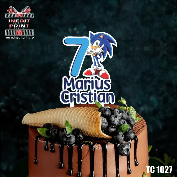 Topper Tort UV Personalizat SONIC TC1027 13x13cm, Plexiglass alb