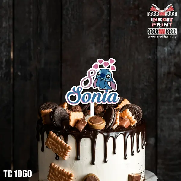 Topper Tort UV Personalizat STITCH TC1060 16x16cm, Plexiglass alb