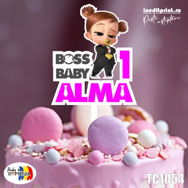 Topper Tort UV Personalizat Tina Baby Boss TC1054 10x10cm, Plexiglass alb