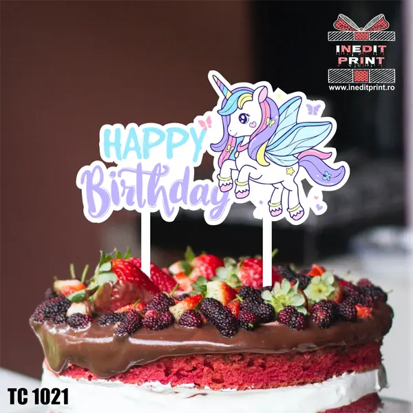 Topper Tort UV Unicorn Happy Birthday TC1021 16x16cm, Plexiglass alb