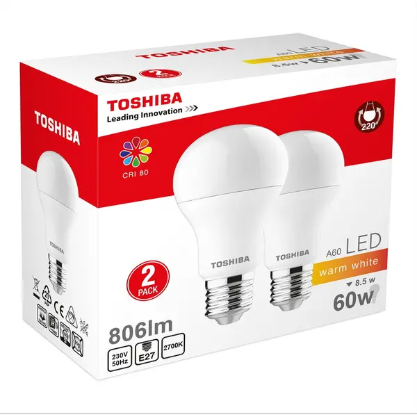 Toshiba Set 2 Bec LED Toshiba, E27, 8.5W, 806 lm, lumina calda