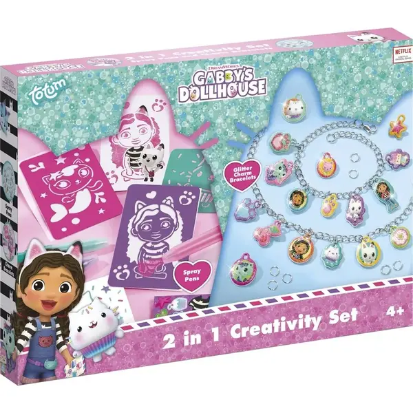 Totum Set creativ Totum Set 2 in 1 Gabby's Dollhouse - Bratari cu pandantive & carioci de suflat, pentru copii 4+ ani