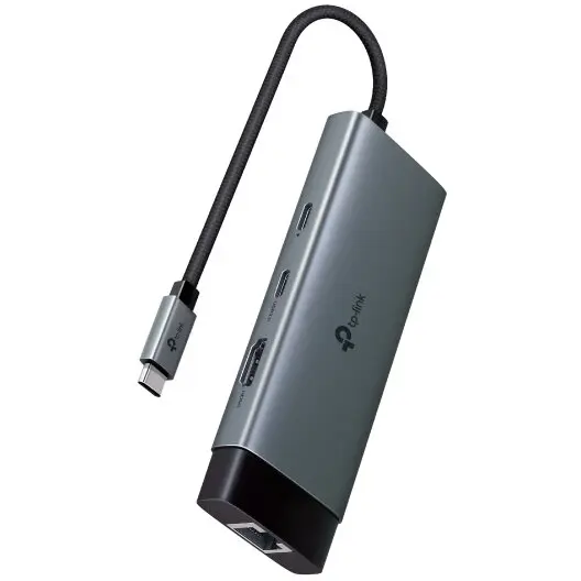 TP-LINK Hub TP-Link, porturi USB: USB 3.0x2 + USB-C PDx1, USB-C x 1, 1 x HDMI, RJ-45 Gigabit x 1 conectare prin USB Type-C,lungime cablu 10 cm, Gri-Negru