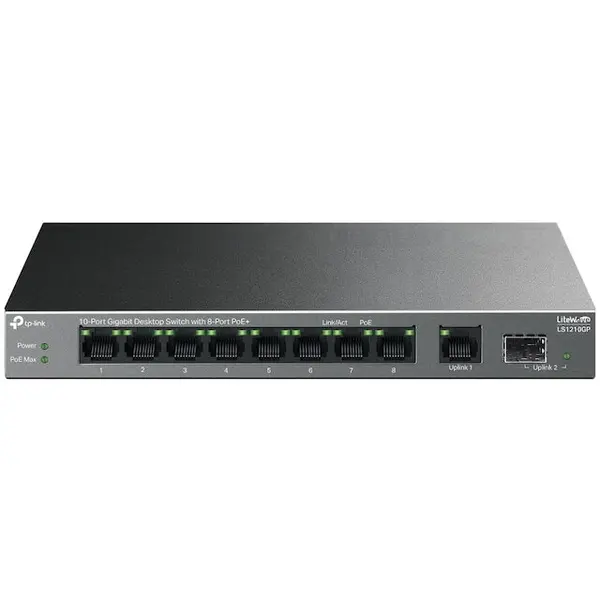TP-LINK Switch TP-LINK LS1210GP, 10x1000Mbps (8xPOE+), carcasa metalica, desktop, negru