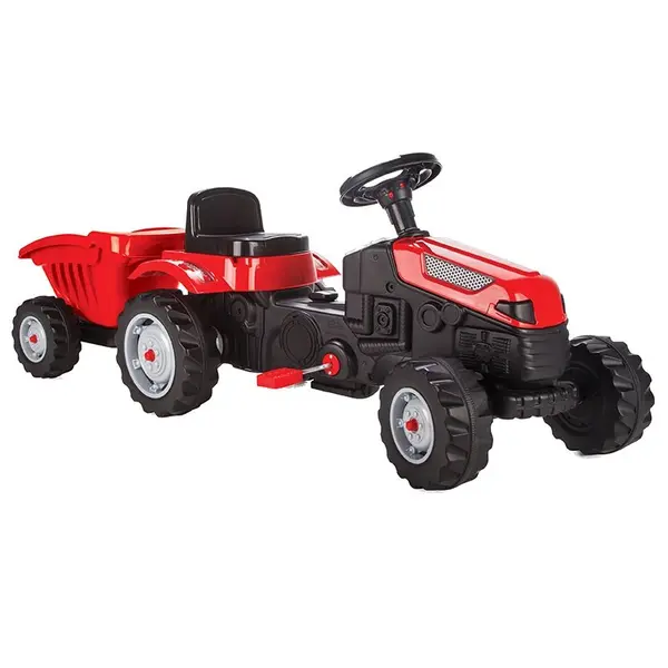 Tractor cu remorca pentru copii Pilsan Active Red, transmisie pe lant, volan cu claxon, scaun reglabil, spatar, de la 3 ani pana la 50 kg, dimensiune 143x48x51 cm