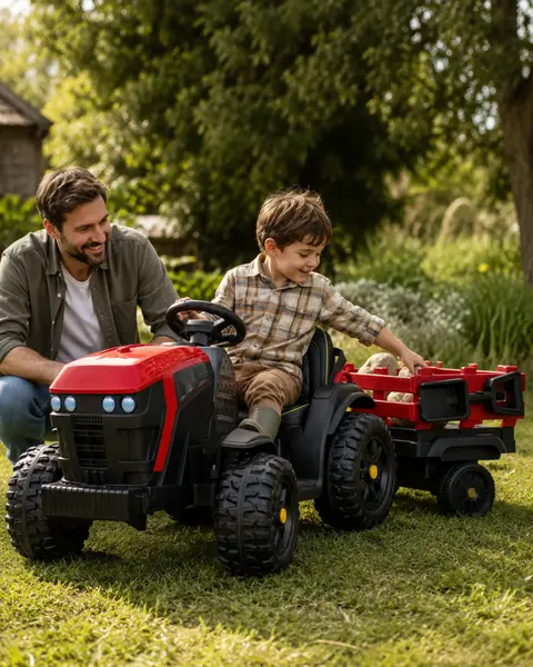 Tractor electric pentru copii Farmer Rosu, 12V, cu remorca detasabila, telecomanda 2.4G, roti EVA, scaun piele, 3-6 ani