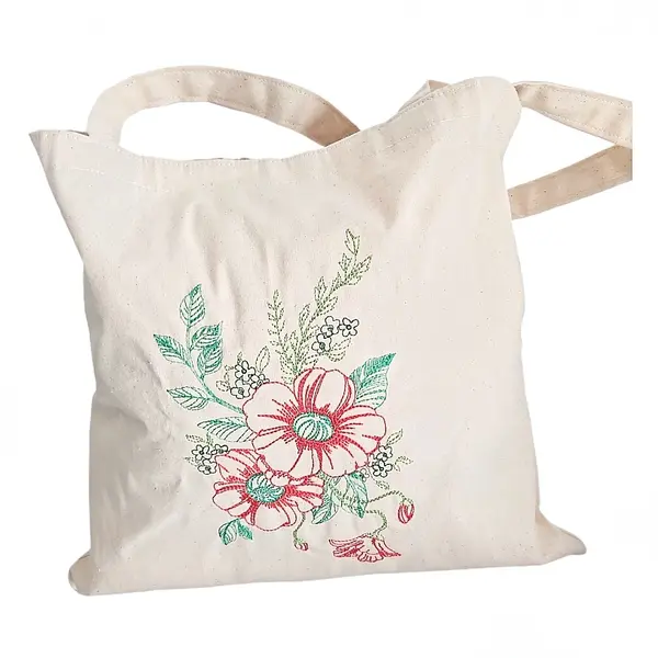Traista de bumbac cu broderie model buchet maci rosu