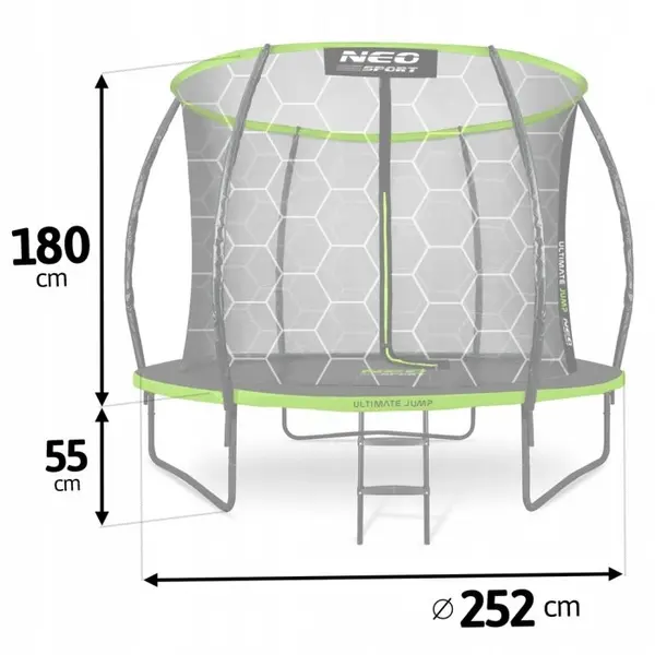 Trambulina de gradina pentru copii Neo-Sport Comb 252cm 8ft,cu Scara si Plasa interioara, Stalpi metalici cu protectie din burete, Intrare cu fermoar si catarama, Covoras impermeabil flexibil