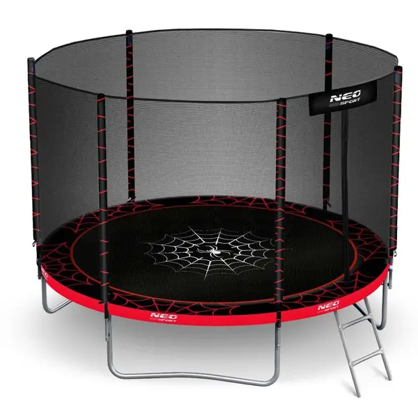 Trambulina de gradina pentru copii Neo-Sport Spider 183cm 6ft, cu Scara si Plasa exterioara, Stalpi metalici cu protectie din burete, Intrare cu fermoar si catarama, Covoras impermeabil flexibil