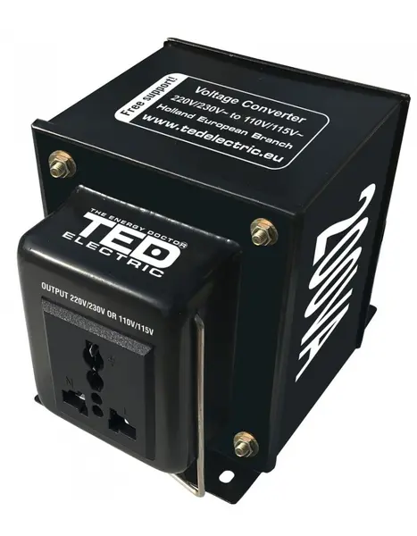 Transformator reversibil 230V↔110V, 200VA/140W, priză universală, TED Electric TED110REV-200VA