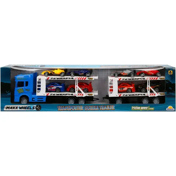 Transportator albastru cu 2 niveluri si 8 masinute de curse, Maxx Wheels 1:32, 58 cm