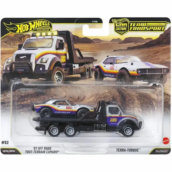 Transportator cu masinuta Hot Wheels, Car Culture Team Transport, 67 Off Road Tout-Terrain Camaro si Terra-Torque, JHX93