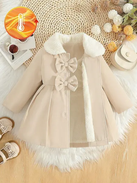 Trenci cu guler cu blana pentru fetite, toamna iarna - crem / 18-24luni (86-92CM)