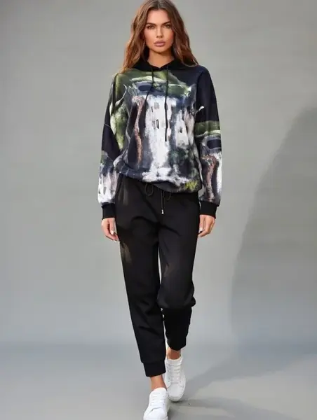 Trening dama din catifea cu hanorac imprimat si pantaloni jogger , gri