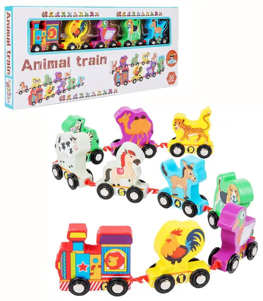 Trenulet din lemn cu animale - 10 piese educative ZukiToys.ro