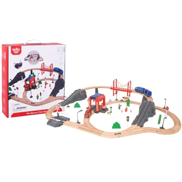 Trenulet din lemn Tooky Toy, statie de pompieri/ambulanta, multicolor, 70 piese KID373322, la doar 298,00 lei