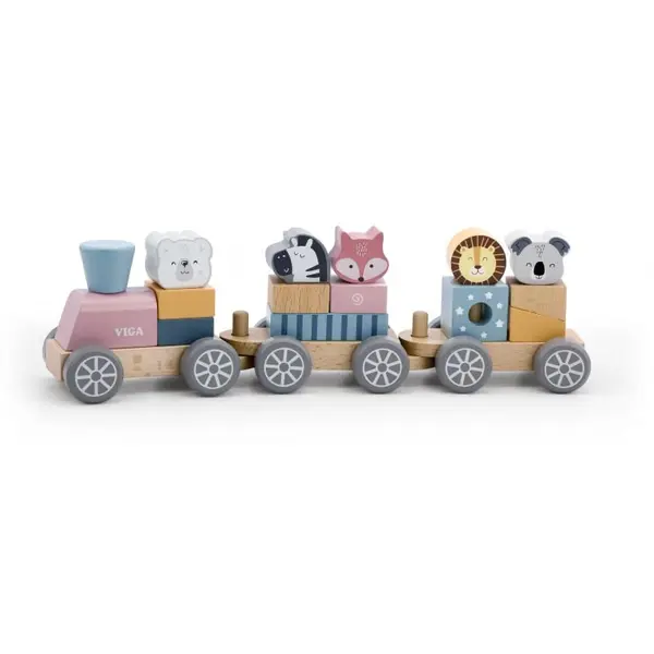 Trenulet din lemn Viga PolarB, vagoane și animale, multicolor KID440151, la doar 110,00 lei