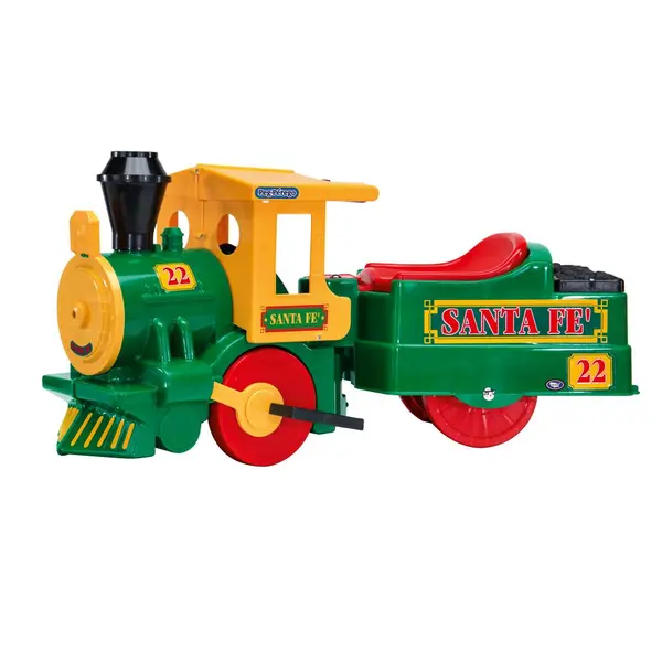 Trenulet electric pentru copii Peg Perego Santa Fe verde 40W cu locomotiva si vagon cu sina, acumulator