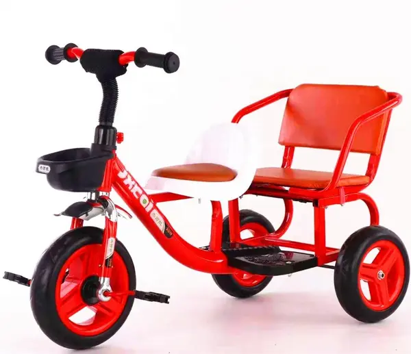 Tricicleta copii cu 2 locuri Baby - tricicleta rosie cu cos si roti EVA