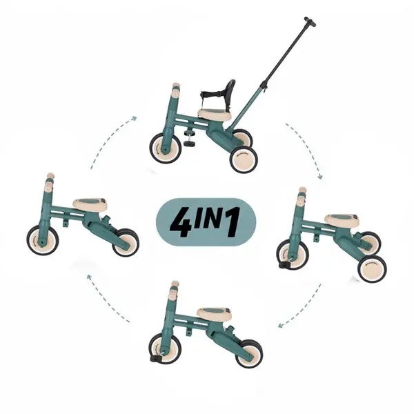 Tricicleta multifunctionala, Petite&Mars, Drift, 4 in 1, Vehicul de impins, Bicicleta, Cu maner detasabil si reglabil, Sezut ergonomic, Roti din cauciuc, Pana la 25 kg, 1.5-5 ani, Misty Green