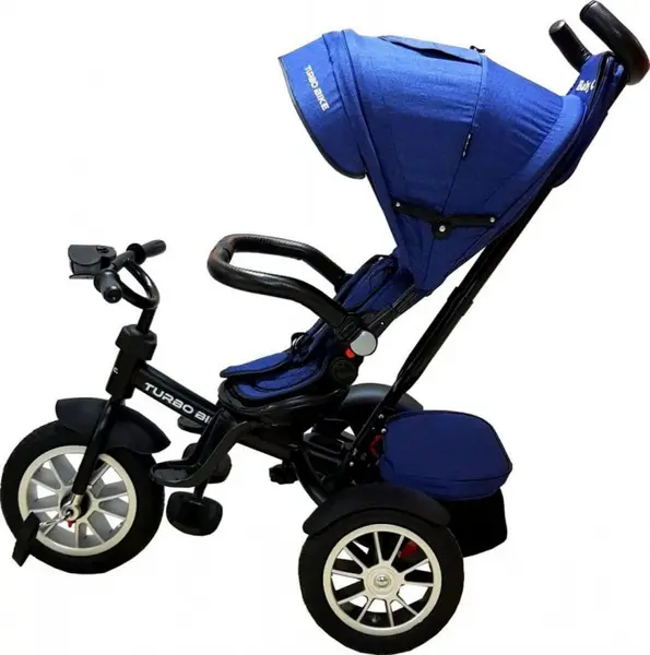 Tricicleta pentru copii Baby Care Turbo Bike Albastru cu Far luminos, Roti din cauciuc, Pozitie somn, Pedale si maner pentru parinti, Scaun reversibil cu invartire 360 grade , Cadru metalic, Dimensiuni 110X45X90 cm