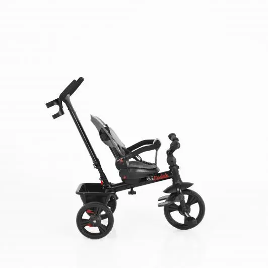 Tricicleta pentru copii Byox Quick Grey cu roti EVA, sezut reversibil, suport pentru picioare, frana pe rotile din spate si maner cu control al directiei