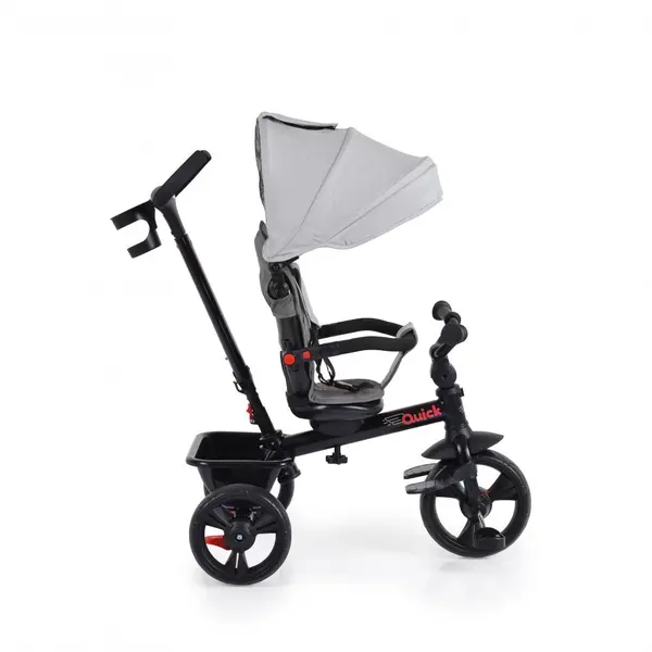 Tricicleta pentru copii Byox Quick Gri cu roti EVA si sezut reversibil, spatar inalt,pliabil, sistem roata libera, maner cu control al directiei, suport pentru picioare si frana pe rotile din spate