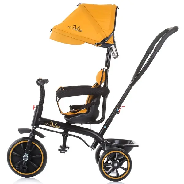 Tricicleta pentru copii Chipolino Pulse Mustard cu maner cu control al directiei, copertina detasabila, scaun confortabil cu husa moale, suport pentru picioare si cos pentru cumparaturi