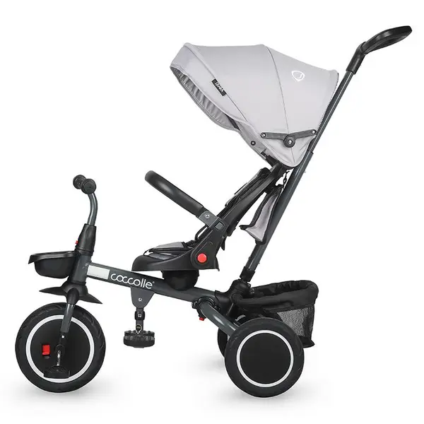 Tricicleta pentru copii Coccolle Venti Greystone multifunctionala, cu spatar ajustabil, cu pozitie de somn, sezut rotativ 360 grade, roti de cauciuc, 2 seturi de suporti de picioare de la 10 luni pana la 25 kg