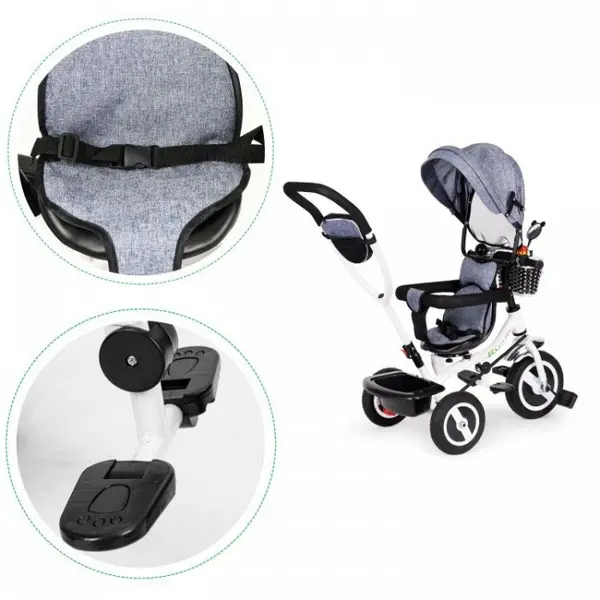 Tricicleta pentru copii Ecotoys Jm-066-9l Gri cu roti din cauciuc gonflabil, scaun reversibil, suport picioruse, greutate maxim admisa 25 kg