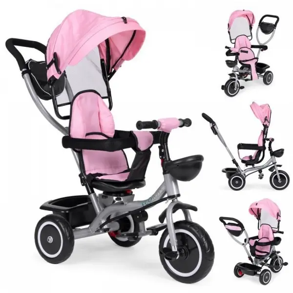 Tricicleta pentru copii Ecotoys WQL-066-52 Roz 2 in 1 cu scaun rotativ 360, roti din spuma EVA, greutate admisa 25kg
