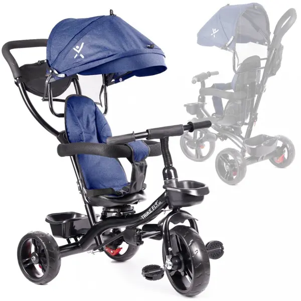 Tricicleta pentru copii Ikonka Trike Fix Lite Blue cu scaun rotativ 360, sistem roata libera, roti cauciuc EVA, suport pentru picioare, maner cu control al directiei si frana pe rotile din spate