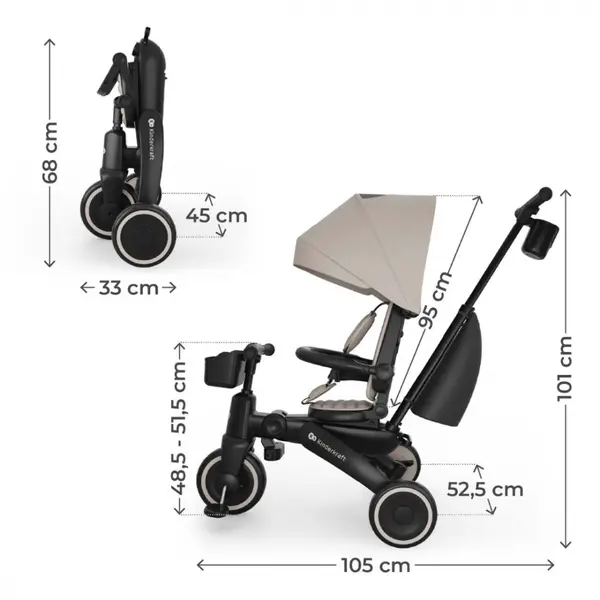 Tricicleta pentru copii Kinderkraft Jazz 3 Bej, pliabila, scaun rotativ, spatar reglabil, maner ajustabil