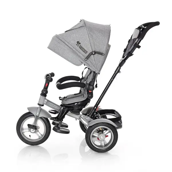 Tricicleta pentru copii Lorelli Neo Air Grey Luxe 4 in 1 multifunctionala, roti mari gonflabile, spatar inalt reglabil, sezut rotativ, 2 tipuri de suport pentru picioare si dispozitiv de franare