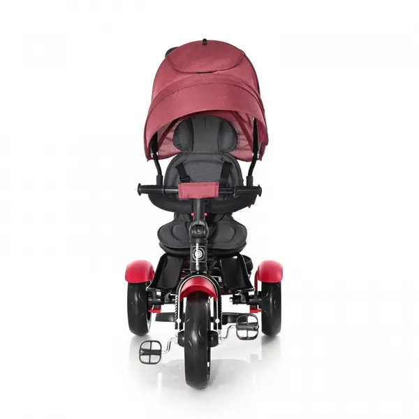 Tricicleta pentru copii Lorelli Neo Red Black Luxe 4 in 1, multifunctionala, control al directiei, scaun rotativ, spatar inalt reglabil, cosulet textil si 2 tipuri de suport pentru picioare
