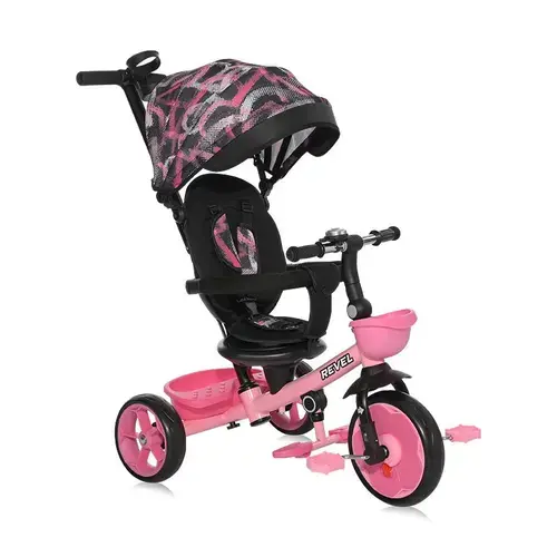 Tricicleta pentru copii Lorelli Revel, sezut rotativ, maner control parental, centura siguranta, roti spuma EVA, copertina pliabila si detasabila, 1-5 Ani, Metal, Roz