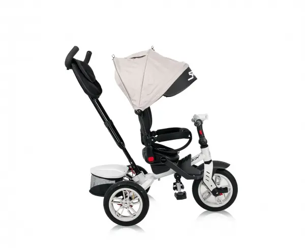 Tricicleta pentru copii Lorelli Speedy Air IvoryBlack multifunctionala, 4 in 1, scaun rotativ, spatar inalt reglabil pe 3 pozitii, maner cu control parental, 2 tipuri de suport pentru picioare