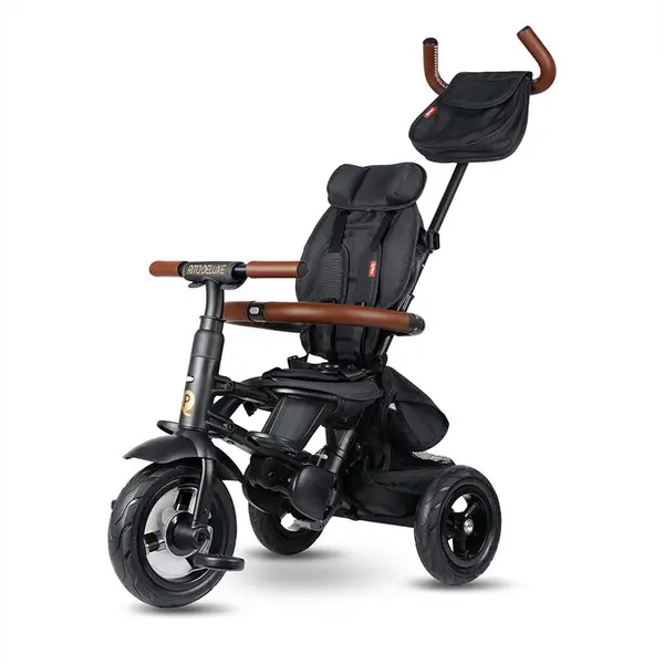 Tricicleta pentru copii Qplay Rito Deluxe negru, pliabila, cu scaun inalt, matlasat, ajustabil in 2 pozitii, maner cu control al directiei, frana dubla, copertina XXL, detalii de piele ecologica
