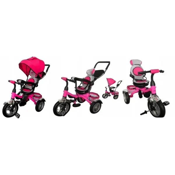 Tricicleta pentru copii R-Sport T3 roz 3 in 1 cu pedale, cu roti gonflabile, maner cu control al directiei, scaun reversibil, rotire 360 grade, frana si centura de siguranta