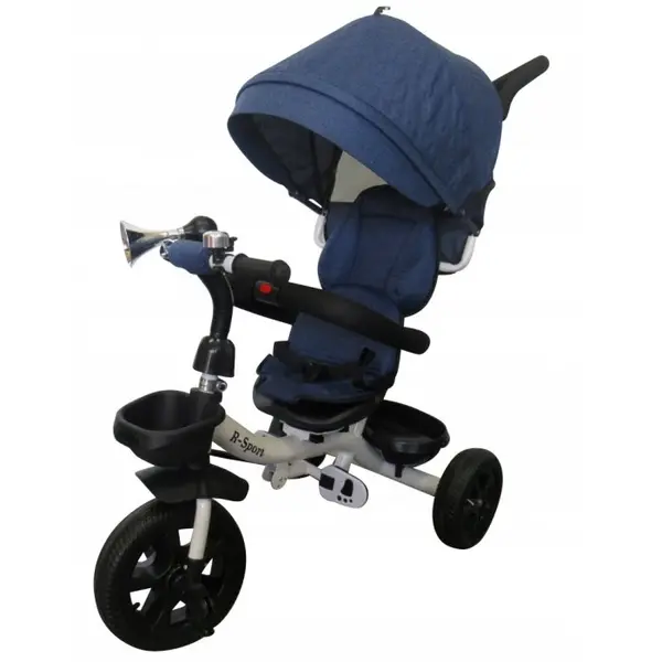Tricicleta pentru copii R-Sport T4 Blue Jeans 3 in 1 cu pedale, control al directiei, scaun reversibil, suport picioare pliabil, centuri de siguranta moi si roti din cauciuc Eva