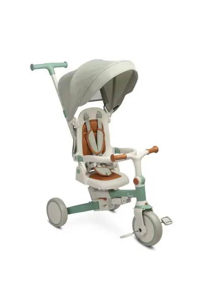 Tricicleta pentru copii Toyz Faro Verde multifunctionala,ultrapliabila,spatar reglabil,scaun moale rotativ,maner parinte detasabil si reglabil in 4 pozitii,centuri de siguranta,roti EVA,pedale detasabile,gentuta inclusa