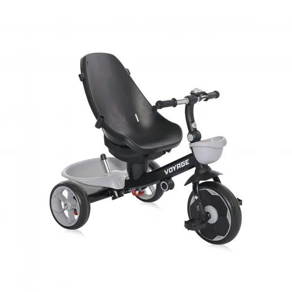 Tricicleta pentru copii Voyage Black Cosmos cu sezut reversibil, spatar reglabil pe 2 pozitii, maner cu control al directiei, cosulet pentru accesorii, 2 tipuri de suporti pentru picioare si roti mari din cauciuc Eva