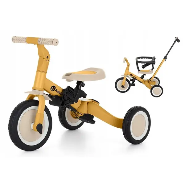 Tricicleta, Petite&Mars, Turbo, 5 in 1, Multifunctionala, Vehicul de impins, Bicicleta cu/fara pedale, Cu maner de ghidaj, Detasabil, Roti din cauciuc, Pana la 25 kg, 1.5-5 ani, Ocru