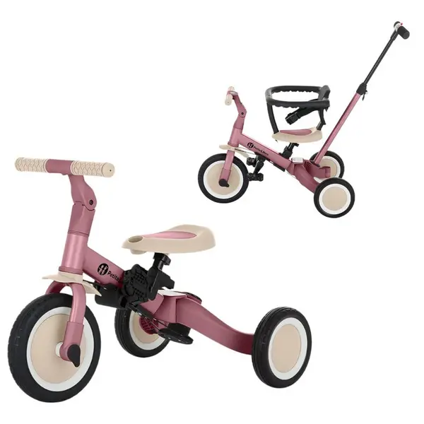 Tricicleta, Petite&Mars, Turbo, 5 in 1, Multifunctionala, Vehicul de impins, Bicicleta cu/fara pedale, Cu maner de ghidaj, Detasabil, Roti din cauciuc, Pana la 25 kg, 1.5-5 ani, Dusty Rose, Resigilat