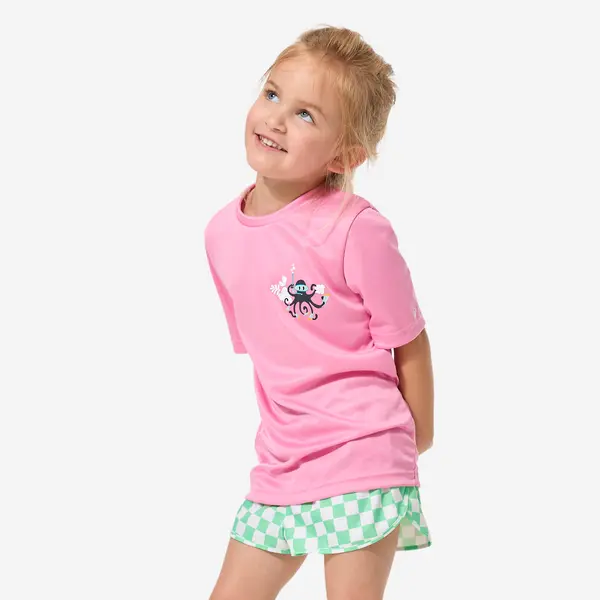 Tricou anti-UV surf 100 UPF50+, UV>95% Poulpy Roz Copii