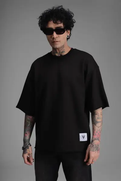 TRICOU BARBATI OVERSIZED BLACK RAW EDGE STREETWEAR (MĂRIME: L)
